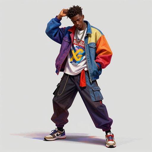 Photograph of a confident Black man with short, spiky hair, wearing a colorful jacket, white tee, baggy jeans, and sneakers, posing