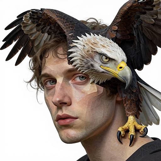 Digital artwork of a young man with curly brown hair, pale skin, and blue eyes, wearing a bald eagle with outstretched wings and yellow tal