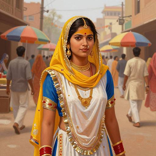 Photograph-style digital artwork of an Indian woman in traditional attire, wearing a yellow headscarf, blue and white saree, gold jewelry, standing