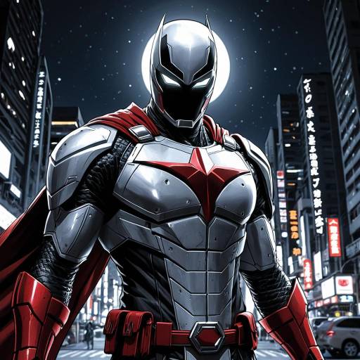 Futuristic Knight with Red Armor and Moonlit Cityscape