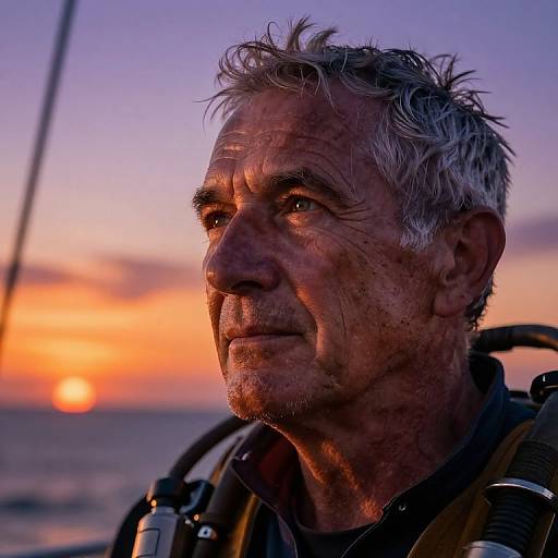 Photograph of a weathered, middle-aged man with gray, tousled hair, gazing at a vibrant sunset over the ocean, wearing a harness