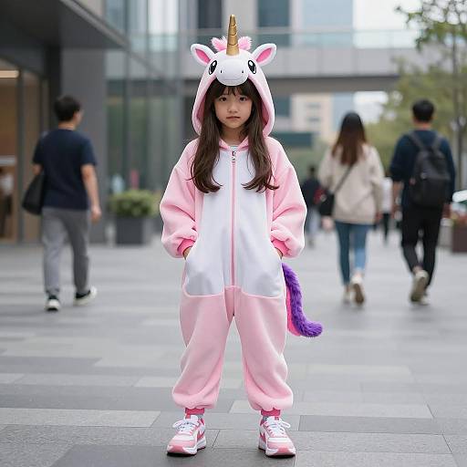 Young Girl in Pink Unicorn Onesie Outdoors