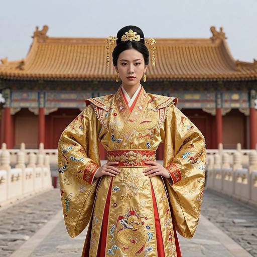 Photograph of an Asian woman in a gold, intricately embroidered traditional Chinese kimono with red accents, standing in front of a traditional Chinese temple.