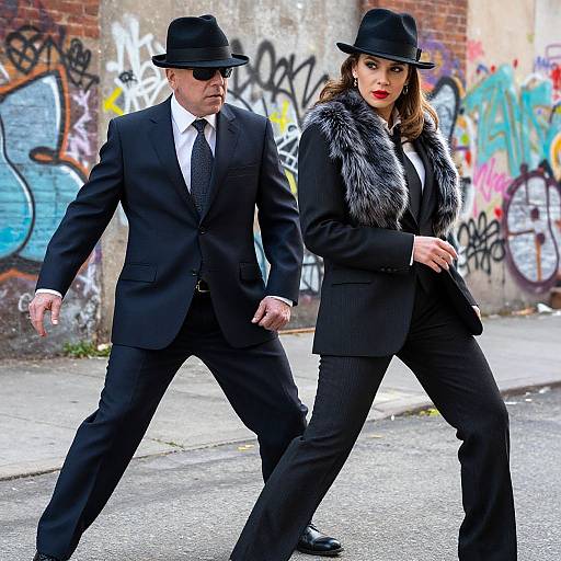 Photograph of a suave man and woman in black suits, fedoras, and fur vests, walking quickly past vibrant graffiti-covered brick wall.