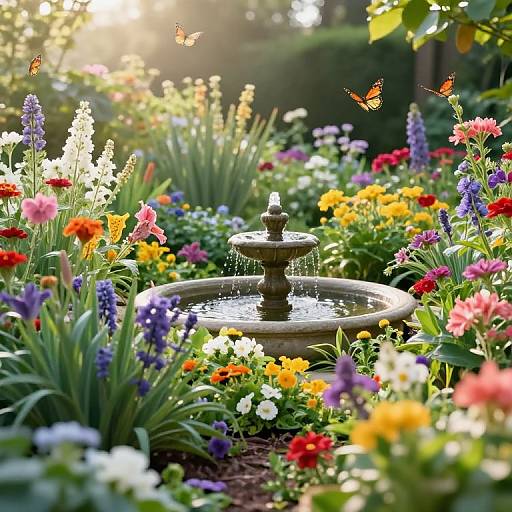 Photograph of a vibrant garden with a central fountain surrounded by colorful flowers, including reds, yellows, purples, and whites, with butterflies