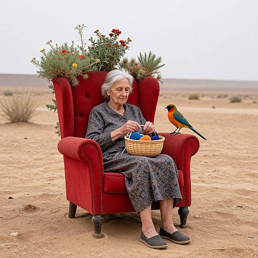 Photograph of an elderly white woman with gray hair, wearing a black patterned dress, sitting in a red armchair in a desert, holding a