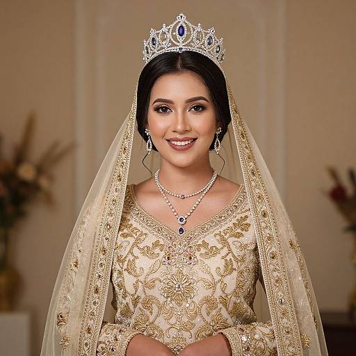 Photograph of a smiling South Asian bride in a gold-embroidered saree, silver tiara, and pearl necklace, with a translucent veil
