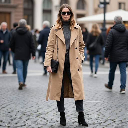 Photograph of a young woman in a beige trench coat, black turtleneck, black pants, and boots, standing on a cobblestone street