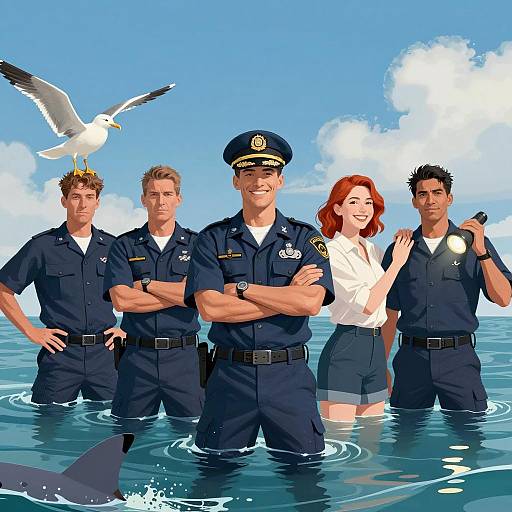 Coast Guard Team in Ocean with Shark and Seagull