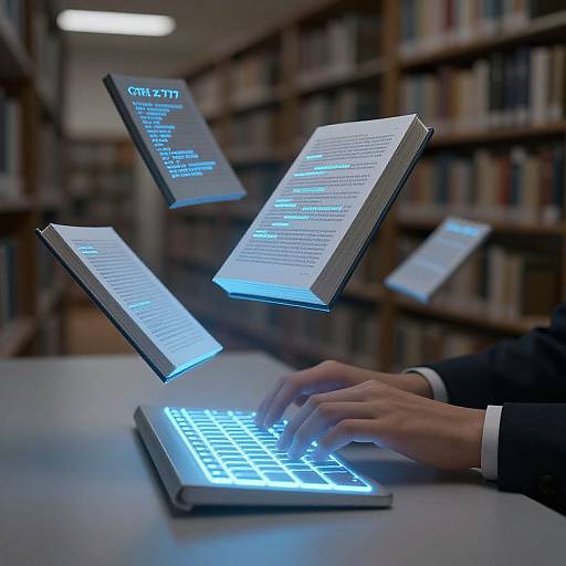 Photograph: Hands typing on glowing blue keyboard; floating illuminated books hover above in a dimly lit library. Futuristic, digital interface.