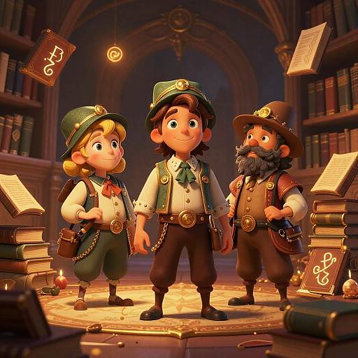 Three cartoon wizards with green hats and vests, standing in a magical library with floating books and glowing symbols.