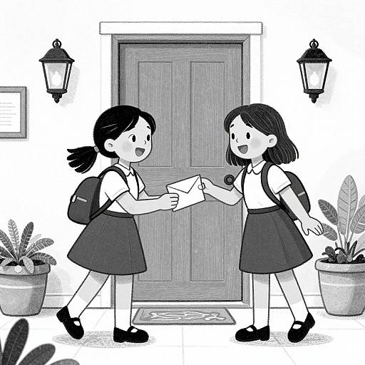 Monochrome digital drawing of two smiling schoolgirls in skirts and backpacks, exchanging an envelope outside a wooden door with lanterns.