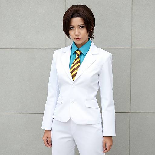 Digital illustration of an Asian woman with short black hair, wearing a white suit, blue shirt, and yellow-striped tie, standing against a gray tiled wall