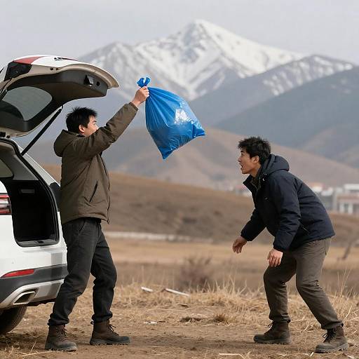 Action-Packed Winter Scene with Two Men