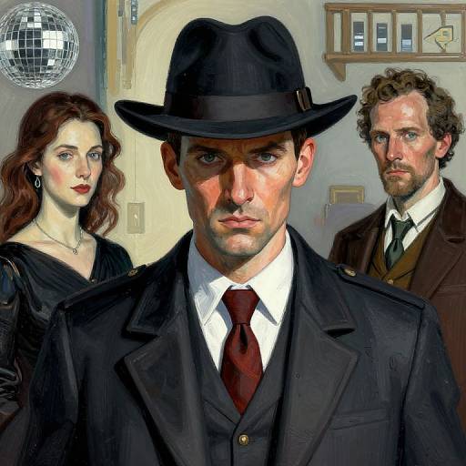 Digital painting of a serious man in a black hat and suit, flanked by a red-haired woman and a curly-haired man, with a mirror ball