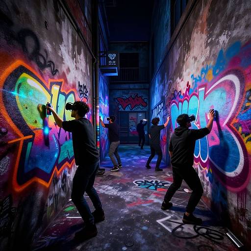 Photograph of four men in dark clothes, spray-painting vibrant graffiti on a dimly lit, narrow, concrete alley with colorful tags and abstract designs