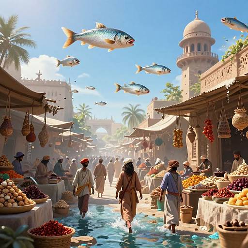 Vibrant digital painting of a bustling Middle Eastern market with fish floating in the sky, vendors in traditional attire, colorful fruits, and palm trees under