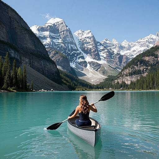Photograph of a woman with long brown hair, wearing a black tank top, kayaking in a turquoise lake, with snow-capped mountains and dense