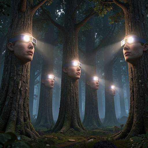 Photograph-like digital art: Four disembodied human faces with glowing headlamps mounted on tall, dark forest trees, illuminated beams cutting through misty
