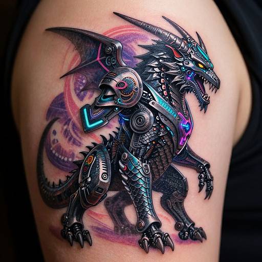 Vibrant, detailed cyber-dragon tattoo on human arm, featuring glowing neon accents, intricate mechanical parts, and a fierce, snarling expression