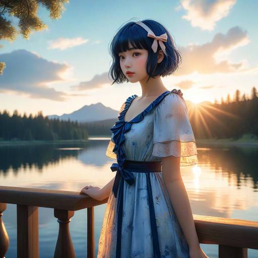 Serene Sunset: Young Woman by Lake