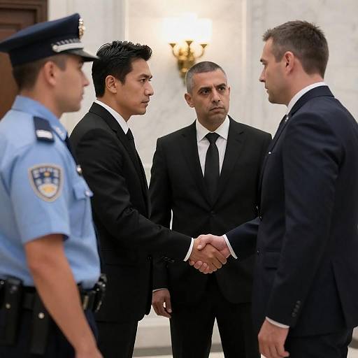 Tense Handshake in Marble Corridor