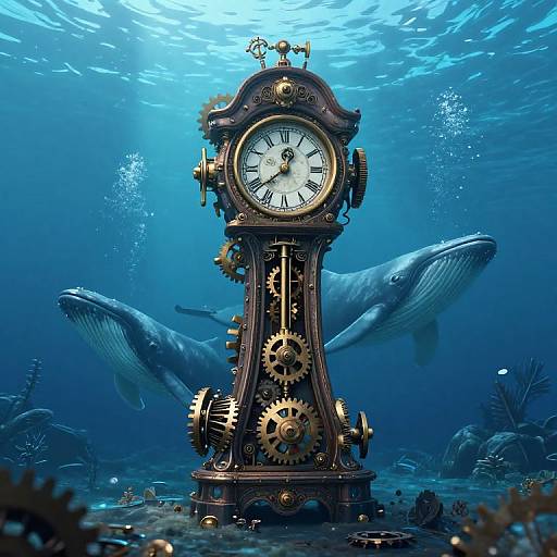 Photorealistic digital artwork of a steampunk clock with gears, underwater, with a whale in the background, illuminated by sunlight.
