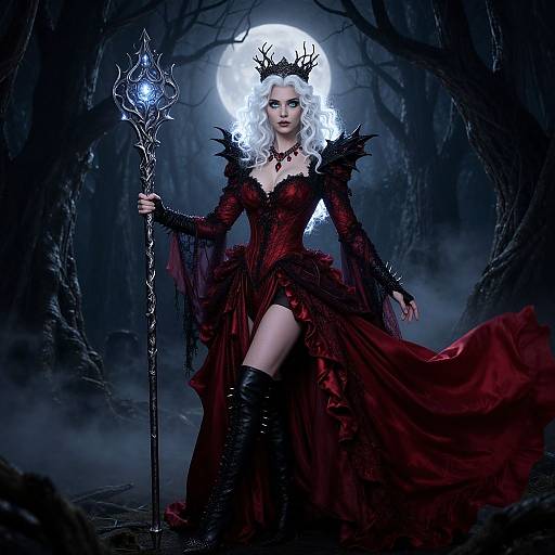 Digital art of a pale-skinned, blonde witch with a crown, red dress, black boots, holding a glowing staff, under a full moon in