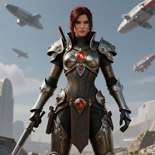 CGI image of a fierce, red-haired woman in metallic, red-embellished armor, holding a sword, with futuristic spaceships in the
