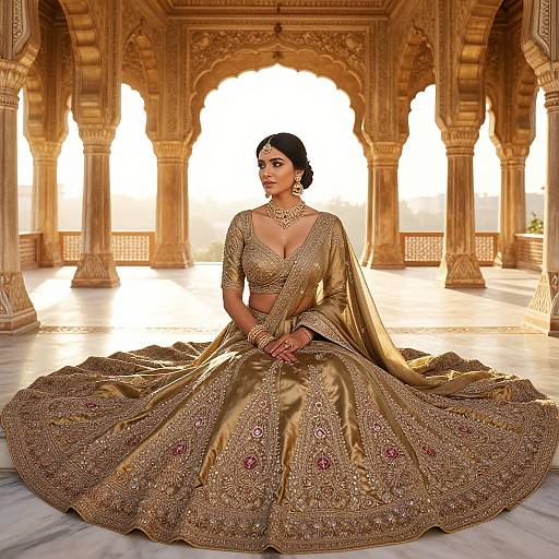 Photograph of a beautiful Indian bride in a golden, intricately embroidered lehenga, seated in a sunlit, ornate Mughal-style courtyard