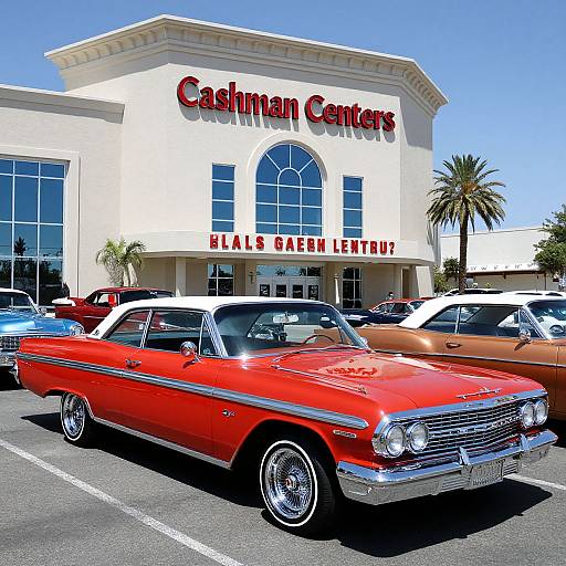 Photograph of a bright red classic 1960s car in front of a white Cashion Centers building with 