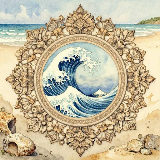 Intricate, ornate frame with Hokusai-style wave painting on a sandy beach, seashells, and ocean background in detailed, colorful