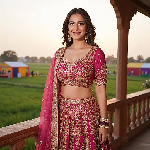 Photograph of a smiling South Asian woman in a pink and gold traditional lehenga choli, standing on a wooden balcony overlooking a green field with colorful