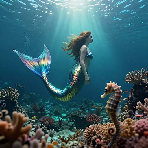 Photograph of a mermaid with a shimmering blue and yellow tail, floating underwater among colorful coral reefs and a seahorse. Sunlight filters