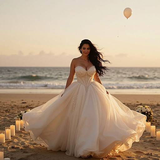 Photograph of a woman with long black hair in a strapless white wedding gown with a corset, standing on a sandy beach at sunset, surrounded