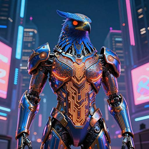 Digital CGI of a futuristic, armored bird-headed robot with glowing red eyes, neon blue and orange patterns, standing in a neon-lit cybercity night
