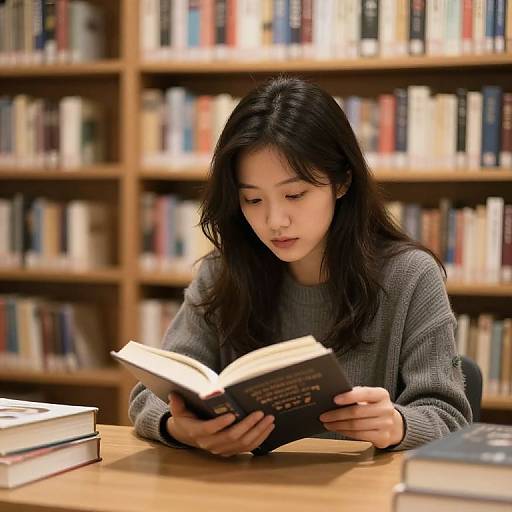 Asian woman with long black hair, wearing a gray sweater, reading a book in a library with wooden bookshelves in the background.