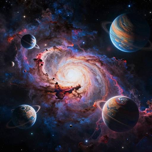 Digital artwork of a vibrant, swirling galaxy with a bright white core, surrounded by colorful nebulae and five detailed planets.