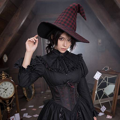 Photograph of an Asian woman in a black gothic dress and red-checkered witch hat, holding her hat in a dimly lit attic filled with