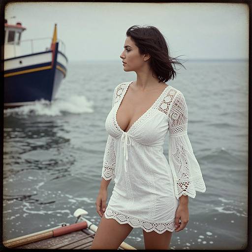 Photograph of a dark-haired woman in a white, lace-trimmed, deep V-neck dress standing on a wooden dock, with a boat in