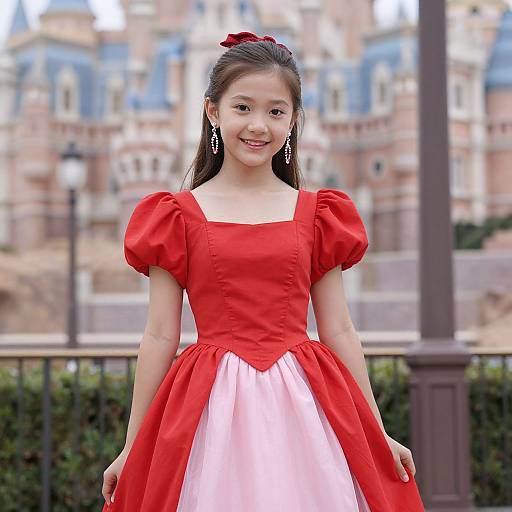 Photograph of an Asian girl with long black hair, wearing a red and pink ball gown, standing in front of a Disneyland castle.
