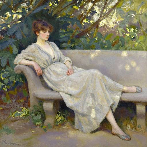 Impressionist painting of a fair-skinned woman with brown hair, wearing a white, flowing dress, sitting on a gray bench in a sunlit