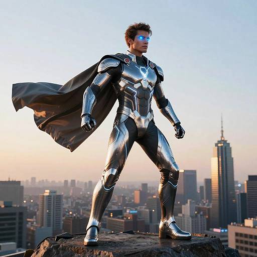Photorealistic CGI of a muscular man in shiny, silver metallic superhero suit with black cape, standing on rooftop, cityscape background.