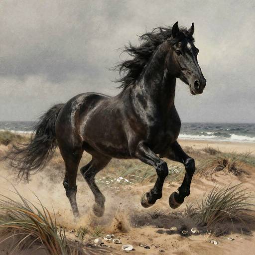 Graceful Black Stallion on Coastal Dunes