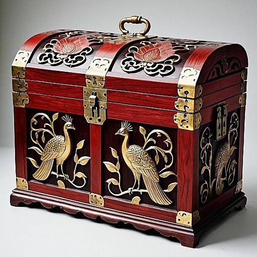 Antique Chinese Wooden Trunk with Brass Peacock Carvings