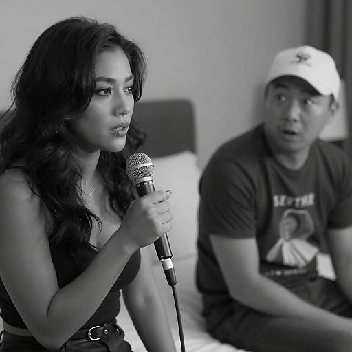 Black and White Portrait of Woman Singing with Man in Background