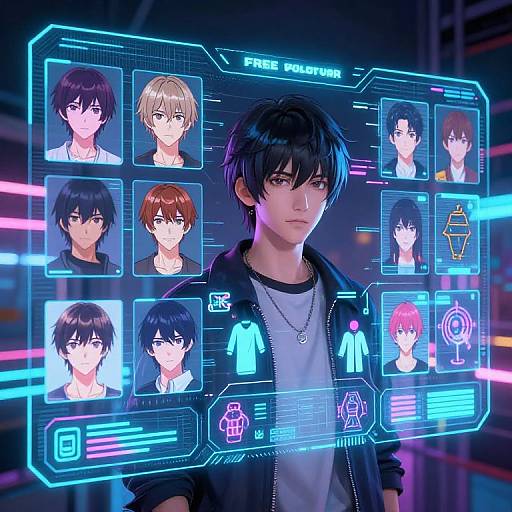 Digital anime art: Black-haired boy in jacket, surrounded by holographic portraits of nine other characters, neon lights, 
