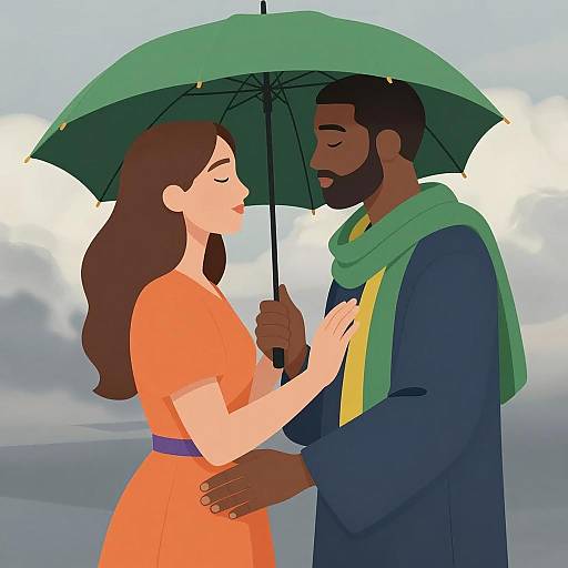 Illustration of Couple Under Green Umbrella