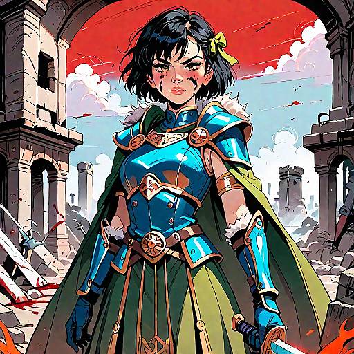 Female Warrior in Blue Armor on Battlefield