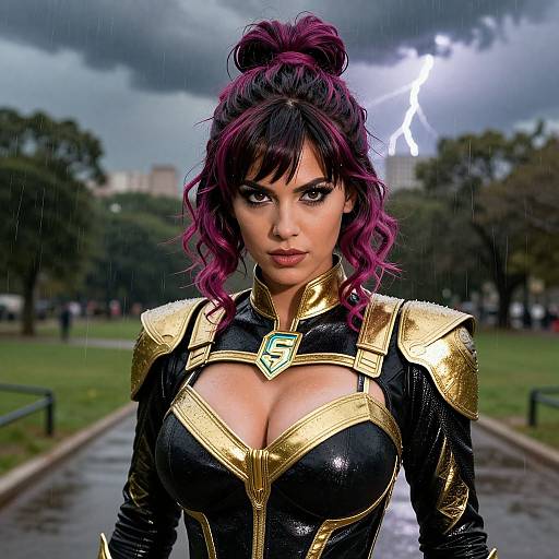 Bold Superhero Woman in Stormy City